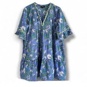 CAROLL PARIS COTTON BLUE GREEN WHITE NANTUCKET V-NECK SHIFT SWING DRESS SZ L